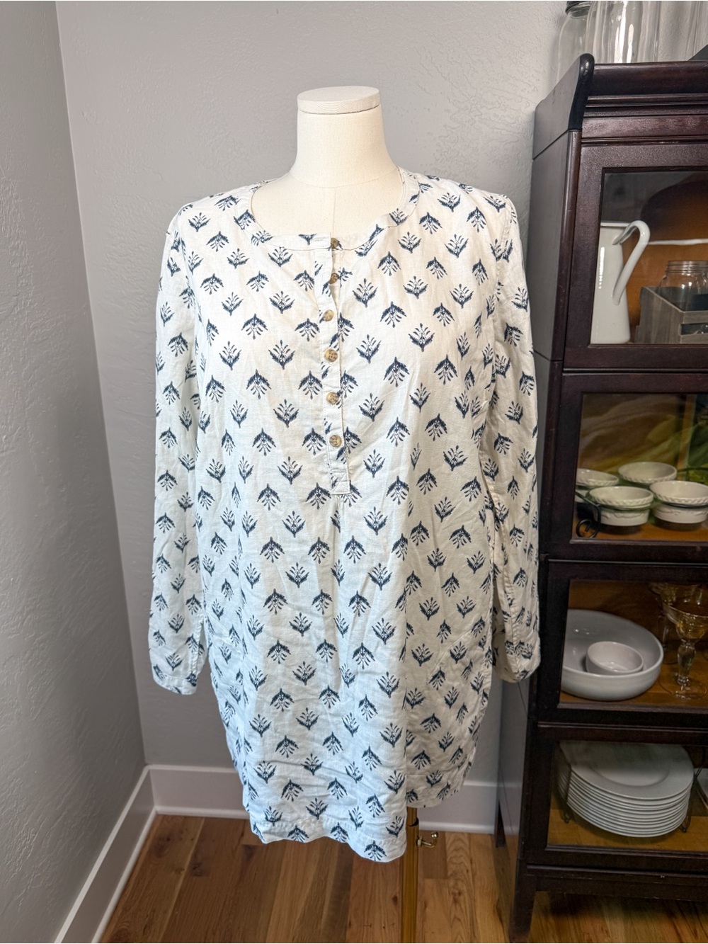 Duluth Trading Co Organic Cotton Hemp Tunic Top Blue White Print Plus Size 2XL